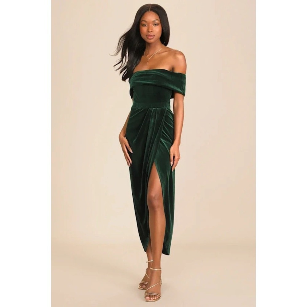 Lulus Velvet Dress NWT XL Green‎ Off the Shoulder Midi Cocktail Dressy Formal